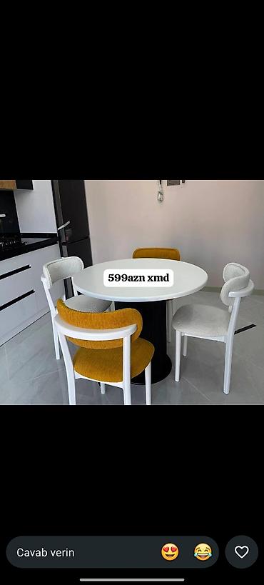 plasmas stol stullar: Dəyirmi yemək masası və 4 ədəd stul dəsti. - Masa: ağ rəngli, dairəvi — 1