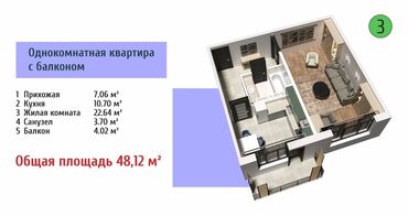 продажа двухкомнатных квартир аламедин 1: 1 комната, 48 м², 108 серия, 5 этаж, ПСО (под самоотделку)
