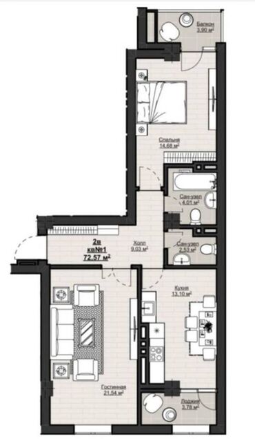 квартиры в бишкеке элит хаус: 2 комнаты, 72 м²