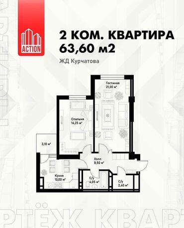 2 комнаты, 64 м², Элитка, 13 этаж, ПСО (под самоотделку)