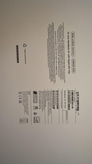 notebook ekran qiymetleri: Yeni Apple MacBook, 15 ", Apple M3, 256 GB