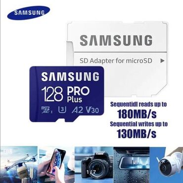 rentgen: SAMSUNG 128 PRO Plus. miniSD kard 128GB, oxuma 180MB/S, yazma 130MB/S