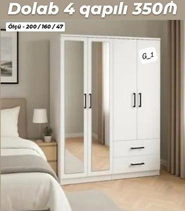 kitab skafi: 4 qapılı geyim dolabı - Rəng: ağ - Ön fasadda 2 ədəd güzgülü qapı - 2 — 1