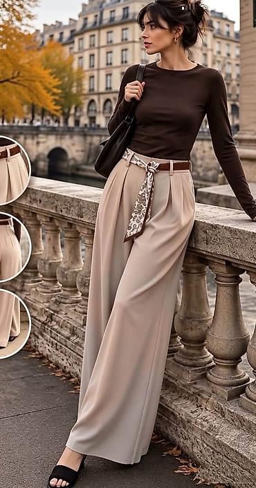 Pantalone: Ženske široke pantalone visokog struka sa plis detaljem i pojasom - — 2