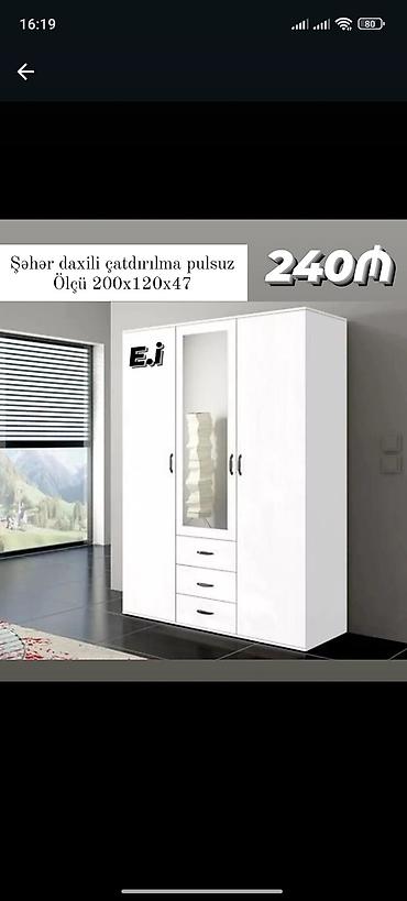 skaf suseli: Ağ rəngdə 3 qapılı geyim dolabı - Ölçü: 200 x 120 x 47 sm (şəkildə — 1