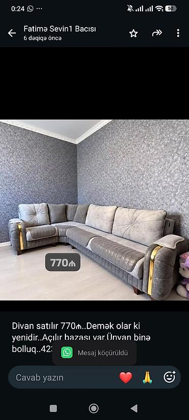 Divan satılır 770₼. Demək olar ki yenidir. Açılır bazası var.Ünvan