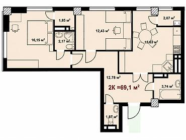 980: 2 комнаты, 68 м², Кок-Жар ж/м Элитка, 12 этаж, ПСО (под самоотделку) — 2