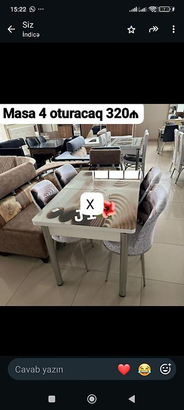 4 oturacaqlı masa dəsti. Müasir üslubda hazırlanmış masa, şüşə səthli