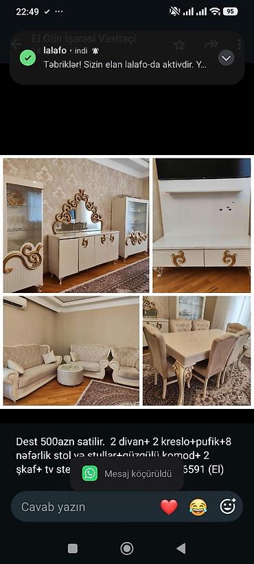 Dest 500azn satilir. 2 divan+ 2 kreslo+pufik+8 nəfərlik stol və — 1