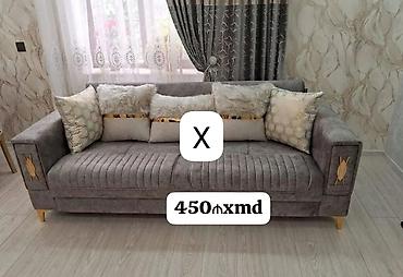 Mebel: 3 nəfərlik salon divanı - Rəng: Boz (yumşaq süet/velur