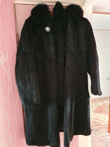 шуба женская: Шуба, Кролик, По колено, С капюшоном, 3XL (EU 46)