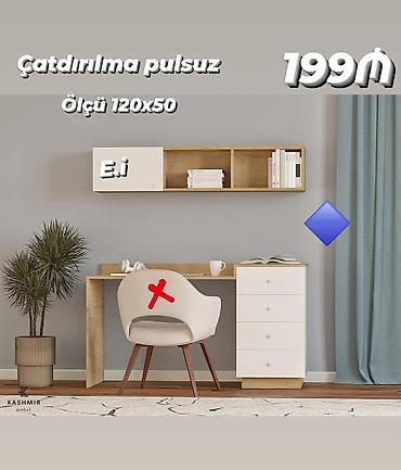 demir stul: Masa və divar rəfi dəsti - Ölçü: 120x50 - Rəng: ağ və açıq ağac — 1
