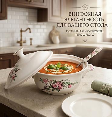 Столовая посуда: Винтажная фарфоровая супница с крышкой Элегантное суповое блюдо из — 1