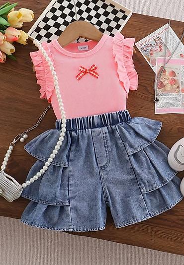 preline baby: Uşaq geyim dəsti – 2 hissə - Üst: Açıq çəhrayı rəngdə, nazik zolaqlı — 1