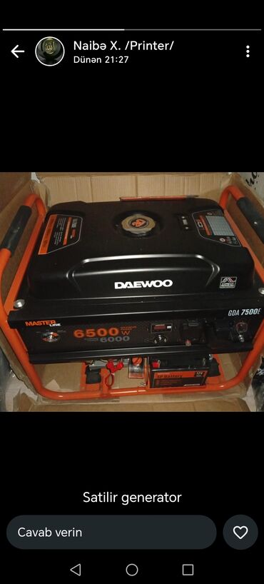 planset qiymetleri: Daevoo markalı generator satilir.Yenidir.Endirim qiymətinə verilir.12