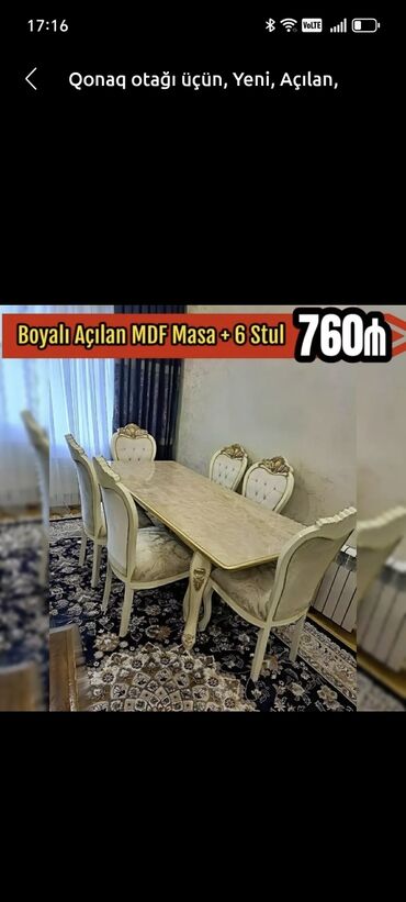 Masa və oturacaq dəstləri: Qonaq otağı üçün, Yeni, Açılmayan, Dördbucaq masa, 6 stul — 10