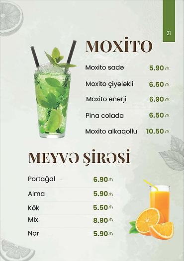 Чай, кофе, напитки: Menyu – Sərinləşdirici içkilər Moxito: - Moxito sadə – 5.90 - Moxito — 1