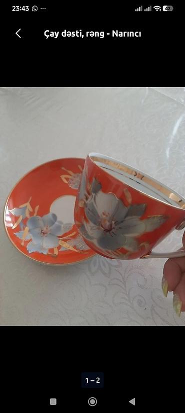 cay: Çay dəsti, rəng - Qırmızı, Farfor — 2