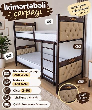 dekorativ panel: İkimərtəbəli çarpayı - Ölçü: 2×90 - Metal karkas, yumşaq kapitonlu — 1