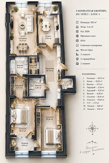 Аренда квартир: 3 комнаты, 129 м², Джал-15 Элитка, 3 этаж, ПСО (под самоотделку) — 1