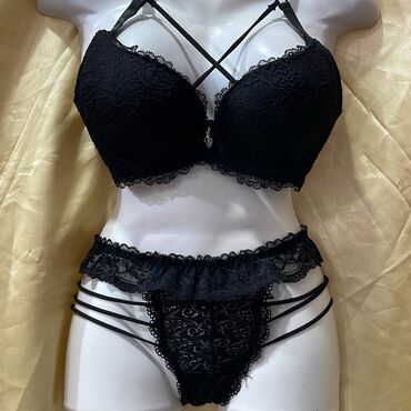 женские кружевные бюстгальтеры: Qara rəngli krujeva dəst - 3 parçalı qadın iç geyimi dəsti: balenli