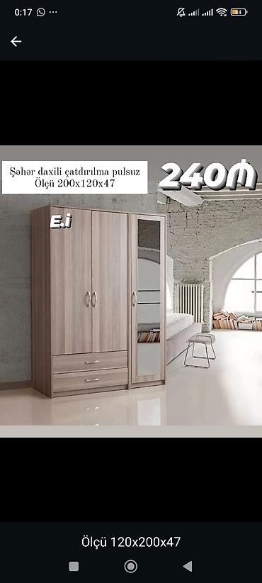 Üç qapılı paltar dolabı – güzgülü model - Ölçü: 200 x 120 x 47 sm -