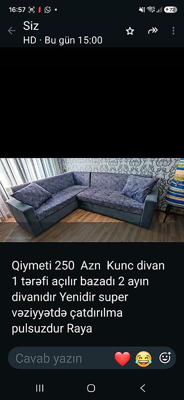 Künc divan - Qiymət: 250 AZN - 1 tərəfi açılır, bazalı model - 2 lalafo.az -da Künc divan - Qiymət: 250 AZN - 1 tərəfi açılır, bazalı model - 2
