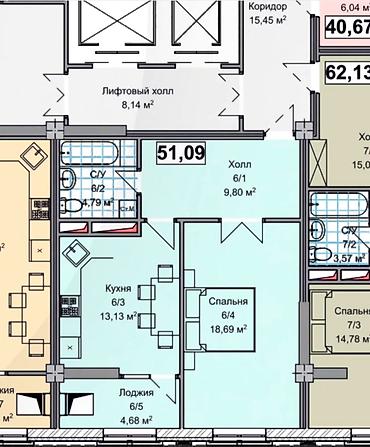 2026: 2 комнаты, 51 м², ул. Ден Сяопина / Фучика Элитка, 8 этаж, ПСО (под самоотделку) — 6