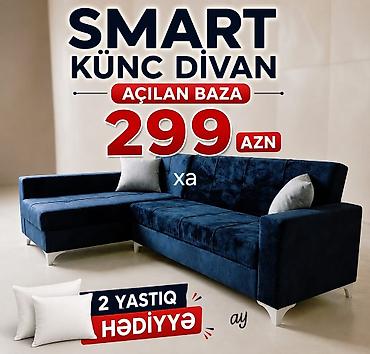 künç divan: SMART künc divan – açılan baza funksiyalı. Zərif tünd mavi parça — 1