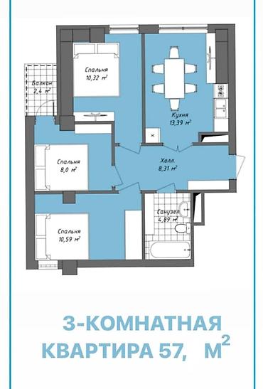 studio apartment: 3 комнаты, 57 м², Элитка, 2 этаж, ПСО (под самоотделку) — 2