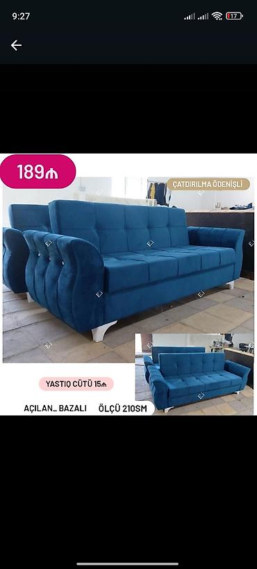 ağ divan: Mavi rəngli açılan-bazalı divan - Ölçü: 210 sm - Mexanizm: açılan — 1