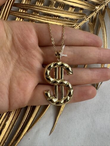 черные мужские свитшоты: Qızılı rəngli “$” işarəli kolye - Material: metal ərintisi