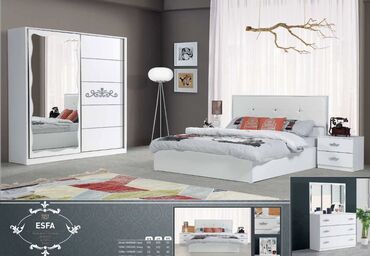белая мебель для спальни: Двуспальная кровать, Шкаф, Трюмо, 2 тумбы, Новый