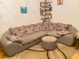 светлого голубой пуфик: Угловой диван, Б/у, Нераскладной, Без подьемного механизма, Велюровая ткань, Нет доставки