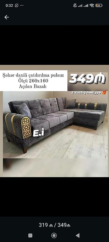 L‑şəkilli künc divanı - Ölçü: 260 x 160 sm - Açılan, bazalı model –