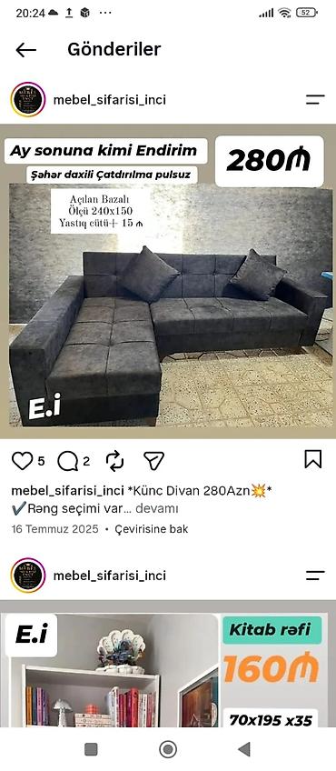 Диваны: Künc divan – açılan bazalı model - Ölçü: 240 x 150 sm - Rəng seçimi — 1