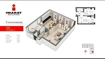 brk group: 1 комната, 47 м², Ала-Арча ТРЦ Элитка, 6 этаж, ПСО (под самоотделку) — 1