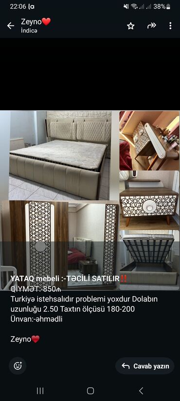 мебель в стиле лофт: *YATAQ mebeli :-TƏCİLİ SATILIR*‼️ QİYMƏT:-850₼ Turkiyə istehsalıdır