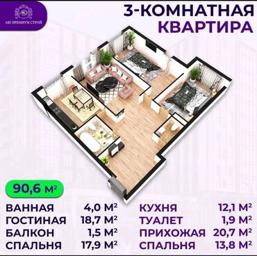 Продажа квартир: 3 комнаты, 91 м², Элитка, 11 этаж, ПСО (под самоотделку)