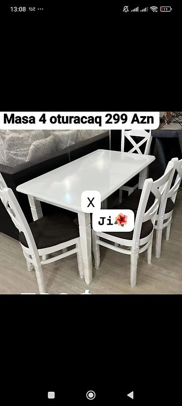 metbex ucun krantlar: Ağ rəngli yemək masası dəsti – 4 nəfərlik • Dəst: 1 masa + 4 oturacaq — 1