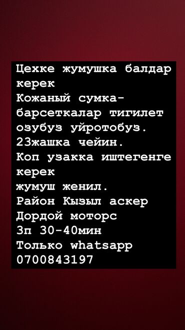 Другие специальности: Цехке жумушка балдар керек Кожаный сумка-барсеткалар тигилет озубуз