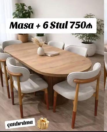 Yemək otağı üçün masa və 6 stul dəsti. - Komplekt: 1 ədəd oval
