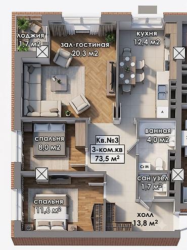 3 комнаты, 73 м², Кок-Жар мкр Элитка, 9 этаж, ПСО (под самоотделку)