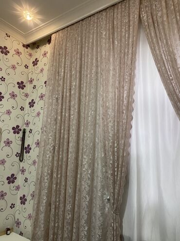 metbex perdeleri 2019: Şık krujevalı pərdə dəsti - Rəng: pudra/şampan tonlarında - Material