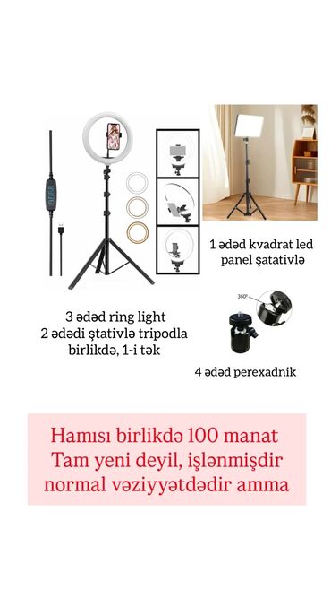 işıq lampaları: SATILIR 3 TRİPOD, 3 RİNG LİGHT, 1 LED PANEL, 3 ƏDƏD TELEFON TUTAN, 4