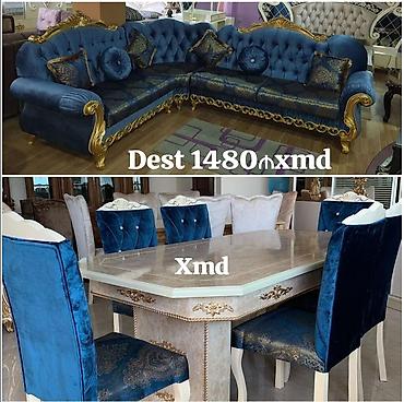 radiator ev ucun: Klassik üslubda dəbdəbəli mebel dəsti. Yumşaq dəst: - L formalı, mavi — 1