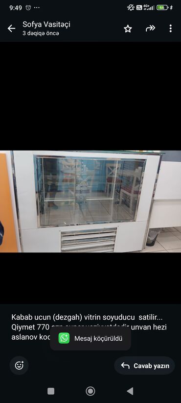 Sifarişlə divanlar: Kabab ucun (dezgah) vitrin soyuducu satilir. Qiymet 770 azn super