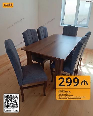 Masa dəsti – 6 stulludur - Ölçülər: 90 × 160 sm - Mexanizm: Açılmayan