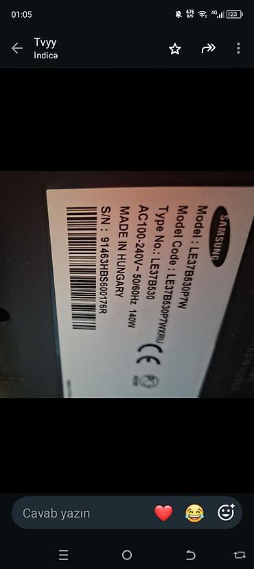 Televizorlar: Samsung televizor Model: LE37B530P7W Type No: LE37B530 Ekran — 1