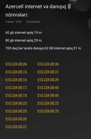 ayliq limitsiz internet: Nömrə: ( 010 ) ( 2340823 ), Yeni